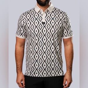 BYRDGANG Men's Ikat Golf polo shirt black & white diamond pattern Size Large